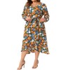 Agnes Orinda Women's Plus Size Floral Printed Ruched Tiered Ruffle Hem V Neck Long Sleeve Flowy Beach Casual A-Line Midi Dresses - 2 of 4
