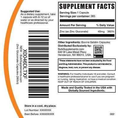 BulkSupplements Zinc Gluconate Capsules