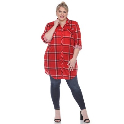 Women's Printed Plaid Roll Tab Tunic - White Mark