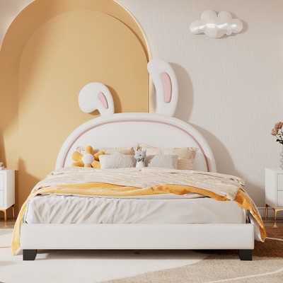 Whisen Upholstered Leather Platform Bed with Rabbit Shaped Headboard