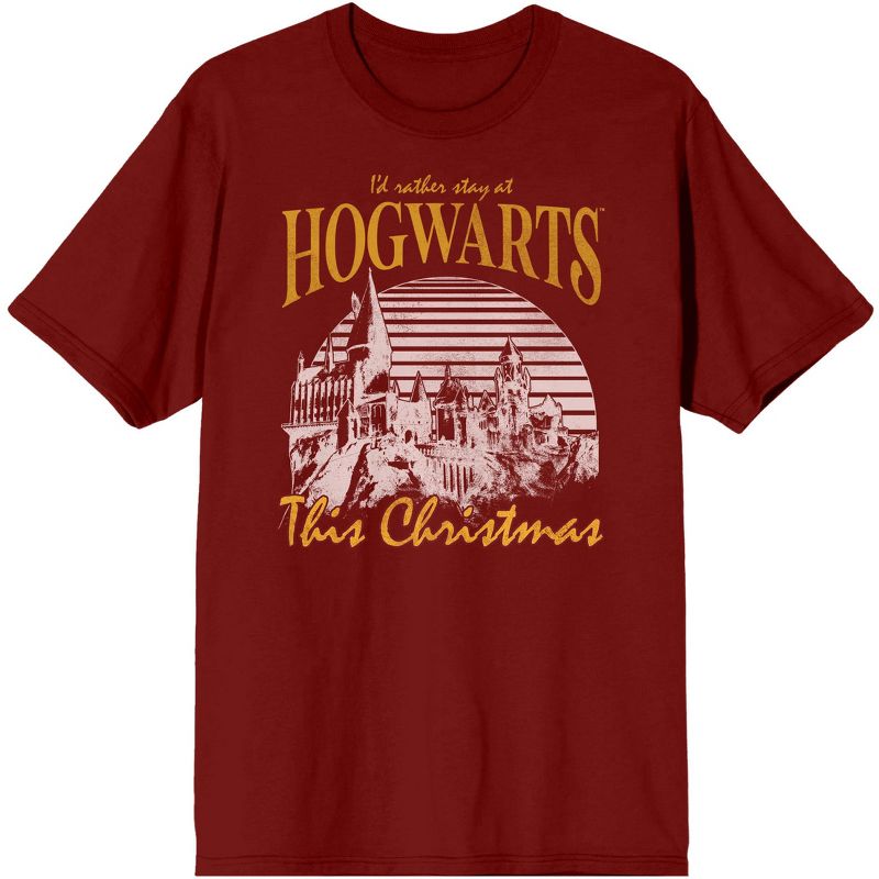 Harry Potter I'd Rather Stay At Hogwarts This Christmas Men's Cardinal Graphic Tee, 1 of 3