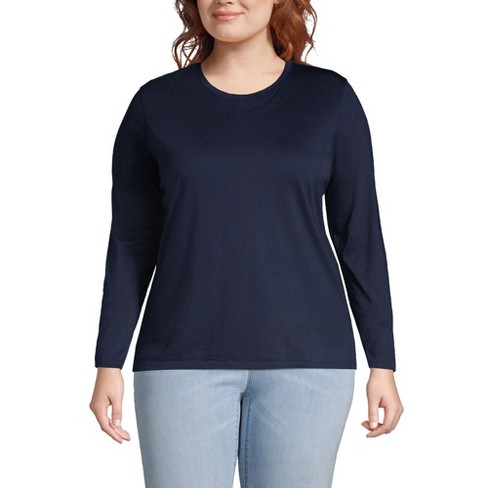 Lands' End Women's Plus Size Relaxed Supima Cotton Long Sleeve Crewneck  T-Shirt - 1x - Radiant Navy