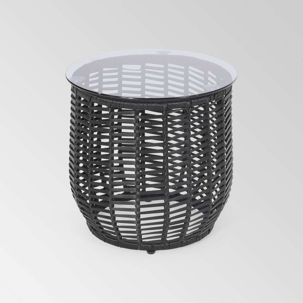 Boynton Wicker Side Table - Black - Christopher Knight Home: Tempered Glass, Weather-Resistant, Round Patio Accent Table