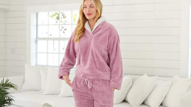 Women's Soft Plush Fleece Pajamas Lounge Set, Long Sleeve Top and Fuzzy Pants with Pockets, 2 of 7, play video
