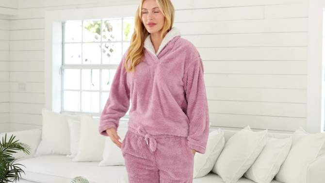 Women's Soft Plush Fleece Pajamas Lounge Set, Long Sleeve Top and Fuzzy Pants with Pockets, 2 of 7, play video