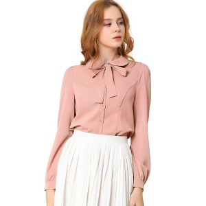 INSPIRE CHIC Women's Peter Pan Collar Bow Tie Neck Puff Long Sleeve Workwear Button Blouses - 1 of 4