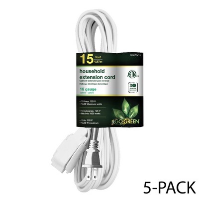 GoGreen Power (GG-24715) 16/2 15' Household Extension Cord, 3 Outlets, White, 15 ft, 5-Pack