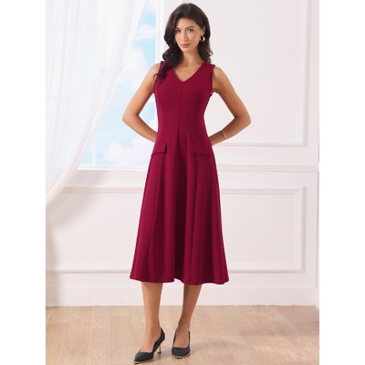 Женские платья INSPIRE CHIC Women's Business Office V Neck Sleeveless Faux Pockets A-Line Midi Dresses Small Deep Red — фото 2