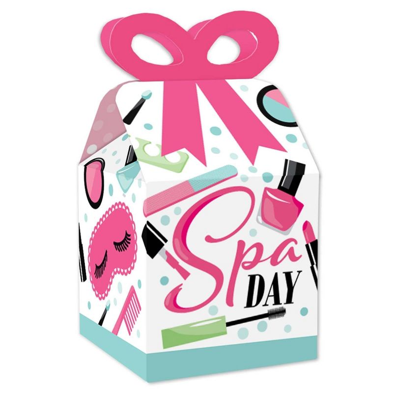 Big Dot of Happiness Spa Day - Square Favor Gift Boxes - Girls Makeup Party Bow Boxes - Set of 12, 1 of 9