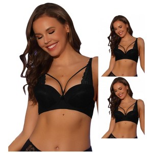 INSPIRE CHIC Women's Available Lace Trim Underwire Front Cross Lightly Adjustable Straps Push-up Bralettes 3 Packs - 1 of 4