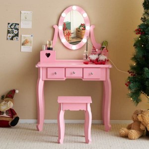 Angel Sar 23.6Lnch Kids Vanity Set with Mirror and Lights, Macaroon Pink Princess Makeup Desk with 5 Drawers and Stool, Play Dressing Table for Age 3+ - 1 of 4