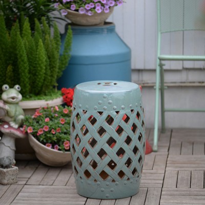 Blue Ceramic Garden Stool with Woven Lattice Design