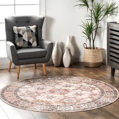 Finley Beige Round Machine Washable Synthetic Area Rug