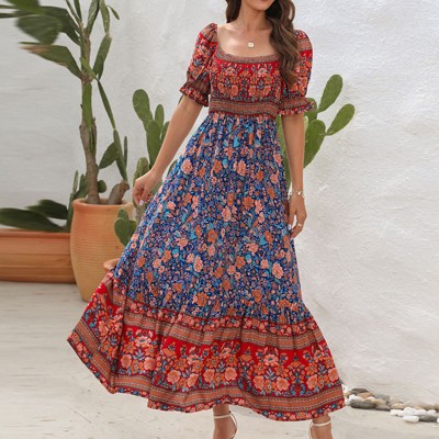 Womens Dress Bohemian Off Shoulder Puff Sleeve Beach Flowy Maxi Dress