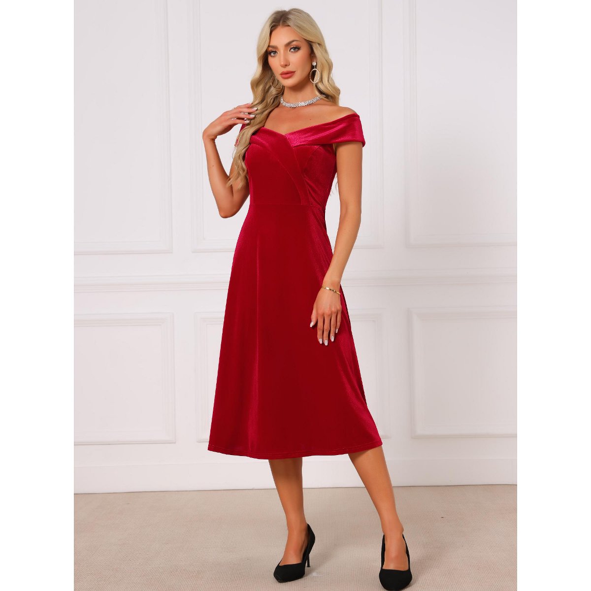 Женские платья INSPIRE CHIC Women's Velvet Off-Shoulder Vintage A-Line Cocktail Evening Dress X-Large Red — фото 3