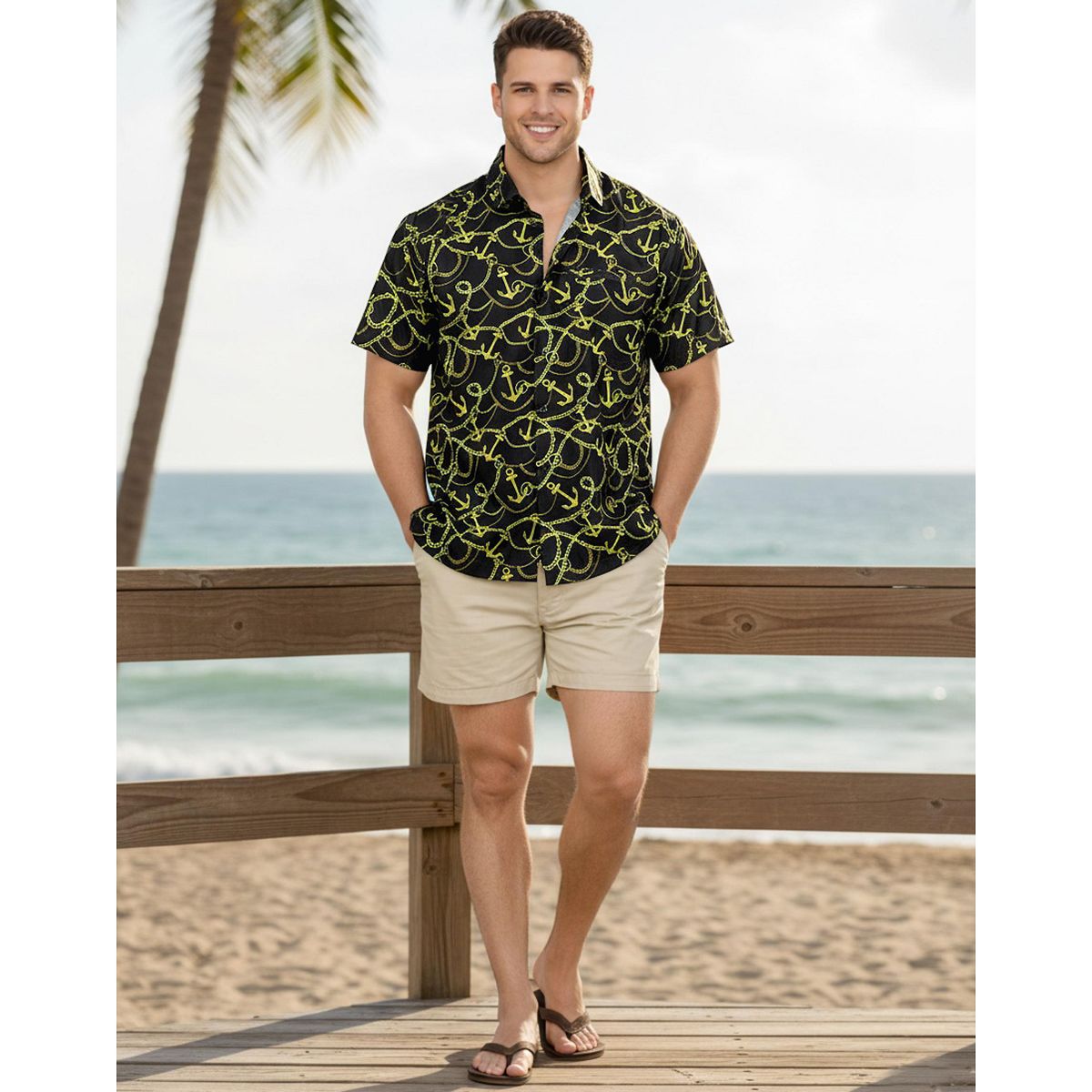 LA LEELA Men's Hawaiian Short Sleeve Button Down Shirt Mens Casual Shirts Holiday Tropical Beach Summer Party Shirts for Men Funny 5XL Black, Anchors - thumbnail 4