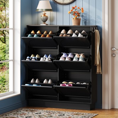 SKRAN Shoe Cabinet, Free-Standing Shoe Rack Narrow Entryway Storage with 6 Flip Drawers 3 Silvery Hooks and Adjustable Shelf for Hallway