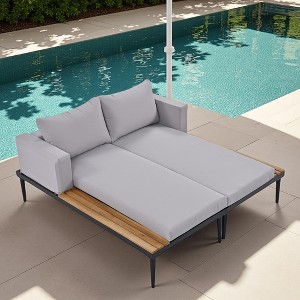 2-Piece Outdoor Patio Metal Padded Daybed with Wood Topped - 1 of 4