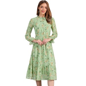 INSPIRE CHIC Women's Floral Mock Neck Long Sleeve Elastic Waist Flowy Midi Dress - 1 of 4