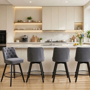 Swivel Bar Stool, Button-Tufted Back, Upholstered Seat, Solid Wood Legs ...