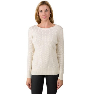 J CASHMERE Women's 100% Cashmere Cable-knit Long Sleeve Pullover Crew Neck  Sweater (7014, Cream, X-Large )