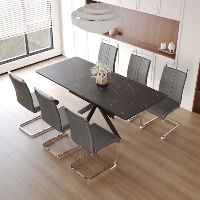 NicBex Dining Table Set for 6 Modern Extendable Dining Room Table with MDF Tabletop, Trestle Base and 6 PU Chairs for Kitchen