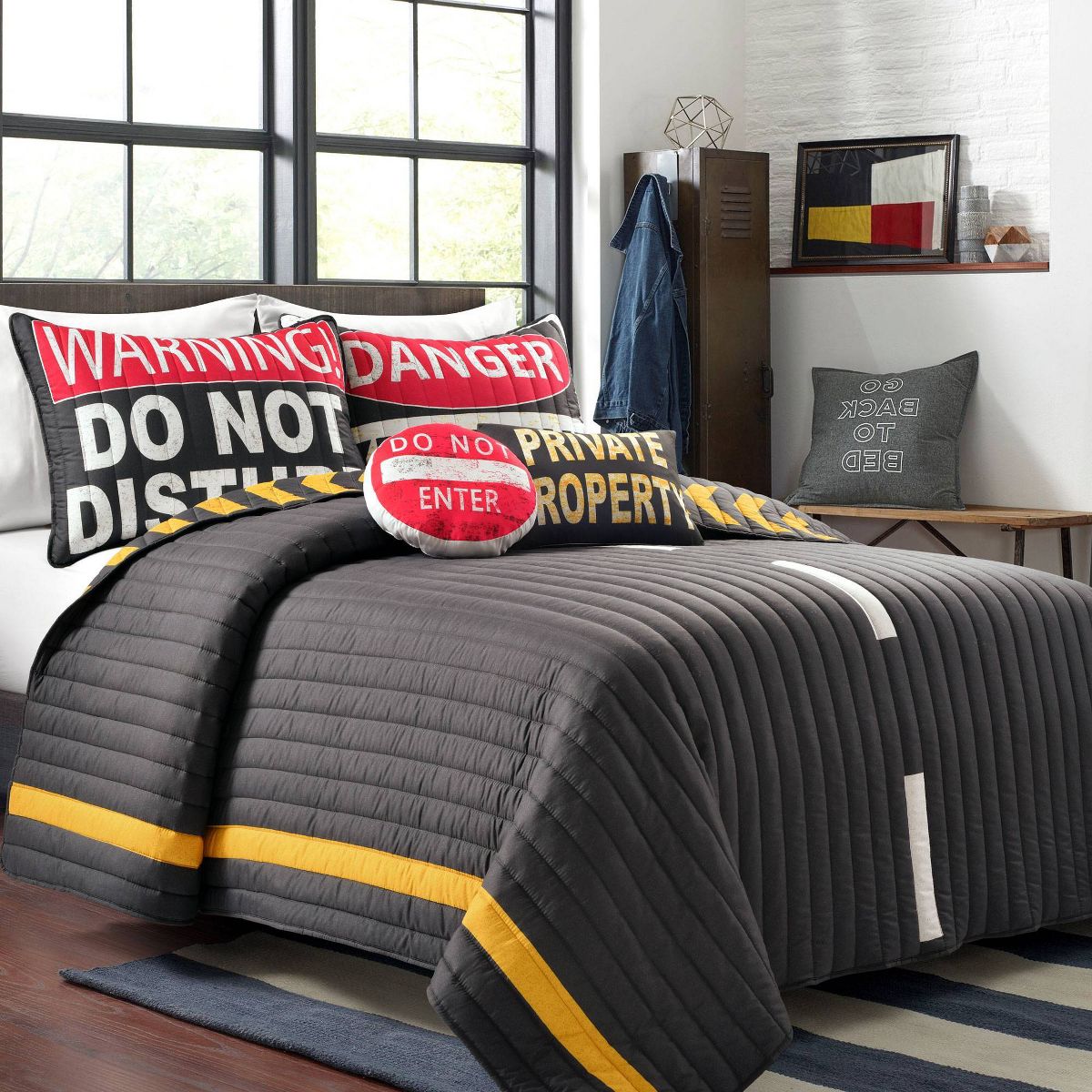 5pc Full/Queen Highway Kids' Quilt Set Charcoal/Yellow - Lush Décor: Kids Bedding, Microfiber, Breathable, Low Pilling