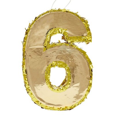 Juvale Small Number 6 Gold Foil Pinata, Sixth Birthday Party Supplies, 15.5 x 10.5 x 3 Inches