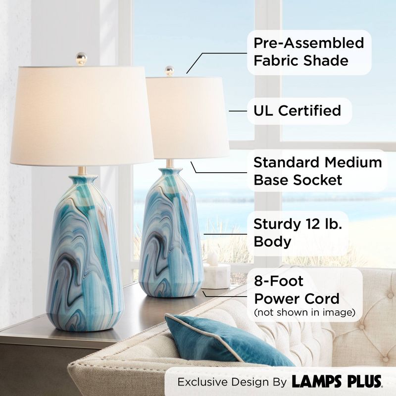 360 Lighting Carlton Modern Coastal Table Lamps 28" Tall Set of 2 Swirling Blue Faux Marble White Tapered Drum Shade for Bedroom Living Room Bedside, 3 of 9