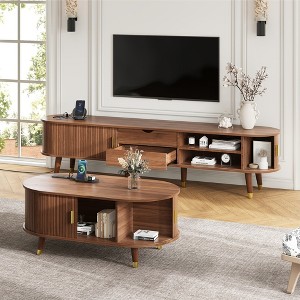 Whisen Wooden TV Stand with Sliding Tambour Door & Golden Handle, Oval Fluted Design, Charging Station for TV up to 80" - 1 of 4