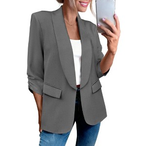 INSPIRE CHIC Women's Work Shawl Collar Ruched 3/4 Sleeves Open Front with Pockets Blazer - 1 of 4