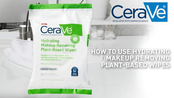 CeraVe Hydrating Makeup Remover Wipes, Plant Based Facial Cleansing Wipes for Sensitive Skin, Fragrance-Free - 25ct, 2 of 21, play video
