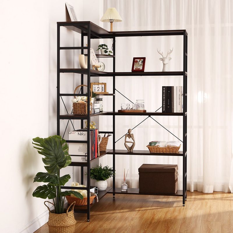 Whizmax 5-Tiers Corner Bookcase with Curved Panels, L Shaped Shelf with Metal Frame,Industrial Bookcases and Bookshelves,Retro Brown, 5 of 6