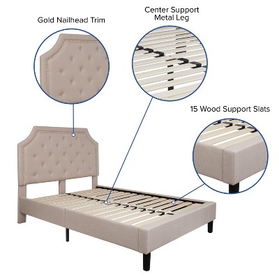 Transitional Beige Full Platform Bed with Tufted Nailhead Trim Headboard