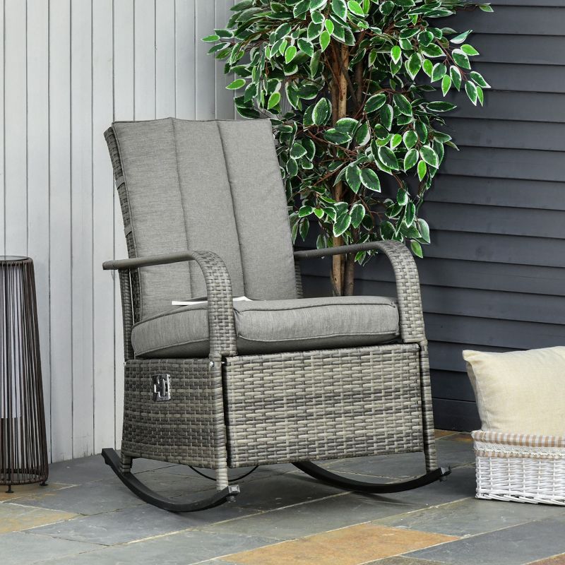 Outsunny Outdoor Rattan Wicker Rocking Chair Patio Recliner with Soft Cushion, Adjustable Footrest, Max. 135 Degree Backrest, 2 of 8