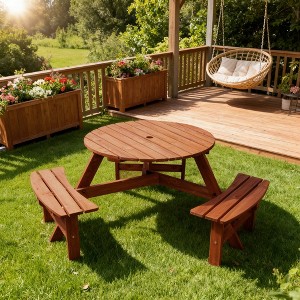 Mlmh & Kngwa 35"W Wooden Picnic Table with 3 Built-in Benches - 1 of 4