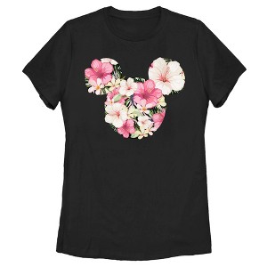 Women's Mickey & Friends Pink Floral Mickey Mouse Logo T-Shirt - 1 of 4