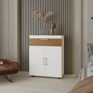 Vynxaria North Fork Pneumatic Lift-Up Shoe Rack - Dual Doors, White and Natural Oak - 1 of 4