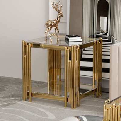 Dolonm Modern Stainless Steel & Glass End Table - 19.69" Square Gold Side Table with 8mm Tempered Glass Shelves