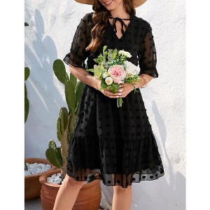 Women Swiss Dot High Waist Short Sleeve V Neck Casual Dress Ruffle Mini Dress - 1 of 4