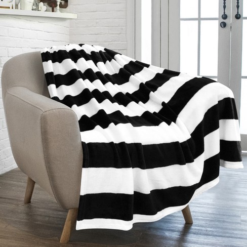 PAVILIA Luxury Fleece Blanket Throw for Bed Soft Lightweight Plush Flannel Blanket for Sofa Couch Stripe Black Throw 50x60