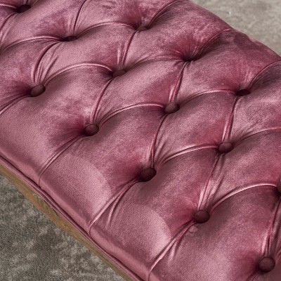 Blush Velvet Tufted Bench with Natural Rubberwood Legs