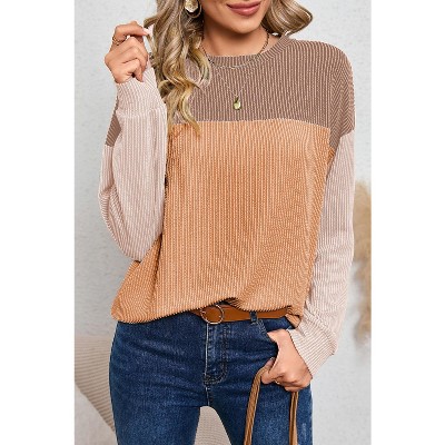 I AM A FASHION JUNKY Khaki Color Block Ribbed Loose Long Sleeve Top