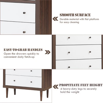 White and Walnut Mid-Century Modern 5-Drawer Dresser