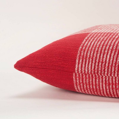 20" Red and White Woven Plaid Square Throw Pillow