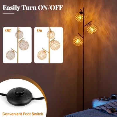 Golden 3-Globe Floor Lamp with Acrylic Shades and Metal Pole