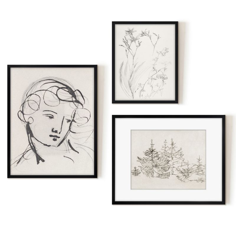 Americanflat 3 Piece Vintage Gallery Wall Art Set - Portrait Sketch, Pine Forest, Botanical Study by Maple + Oak, 1 of 6