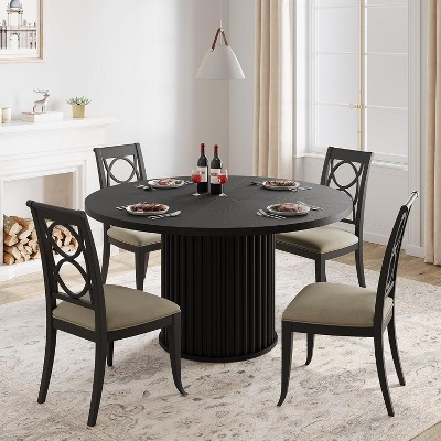 Nasitip 47" Black Round Dining Table for 4–6 People, Industrial Kitchen Table with Waveform Metal Base for Dining Room or Kitchen