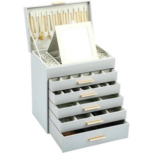 6-Layer Pink Jewelry Box with 5 Drawers & Necklace Hanger, Large Organizer Storage for Earrings and Necklaces - 1 of 4