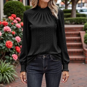 Anna-Kaci Women's Long Sleeve Textured Blouse with Smocked High Neckline and Cuffed Sleeves - 1 of 4